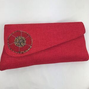 Boutique Red Burlap and Bead Medallion Summer Envelope Clutch Bag